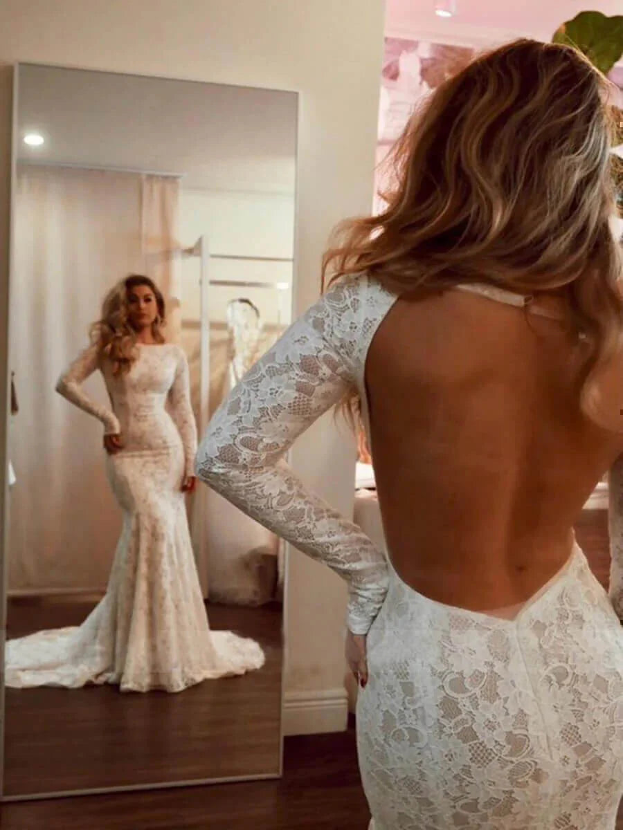 Sexy Open Back Mermaid Lace Wedding Dresses with Long Sleeves,AST1222