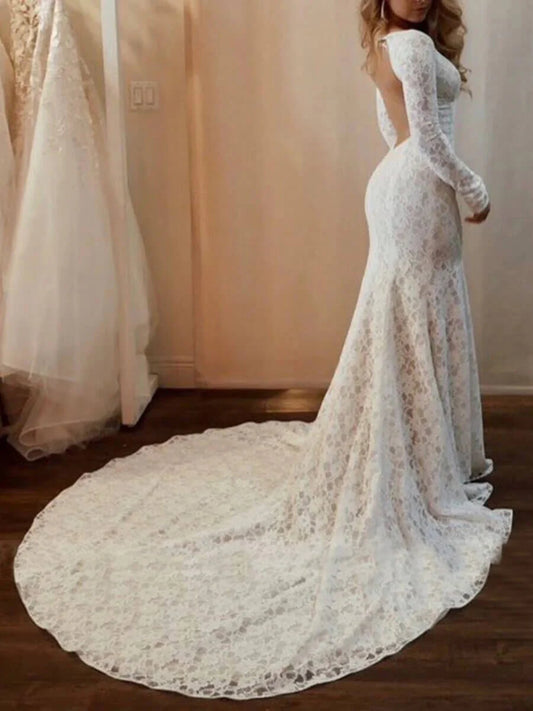 Sexy Open Back Mermaid Lace Wedding Dresses with Long Sleeves,AST1222