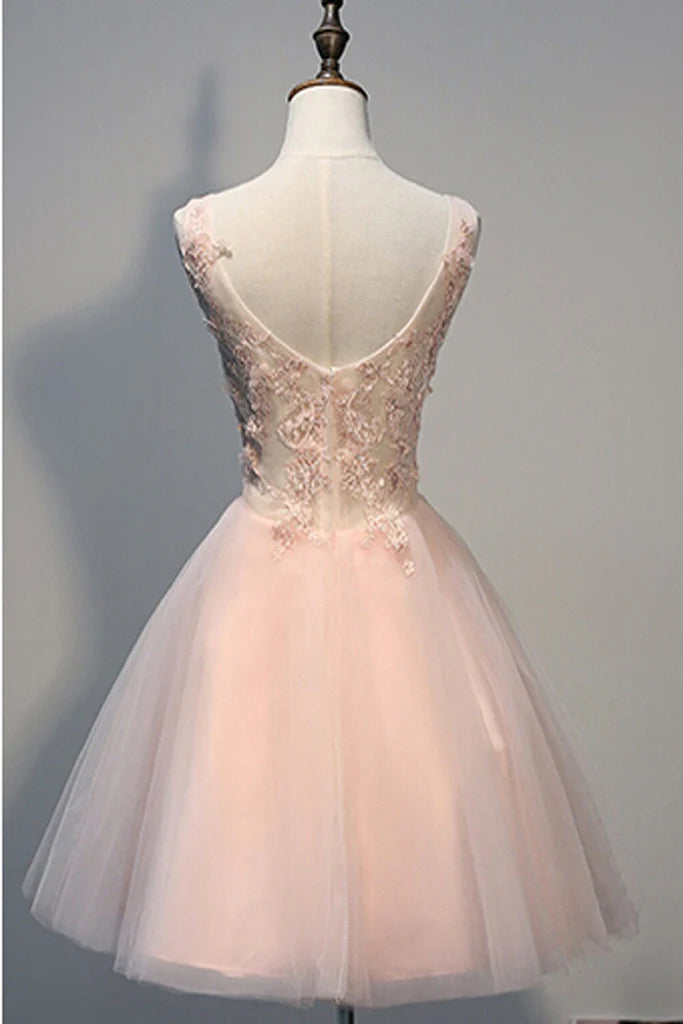 Short Open Back Pearl Pink Homecoming Dresses With Appliques,AST1202