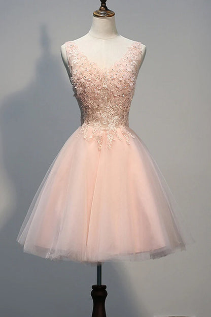 Short Open Back Pearl Pink Homecoming Dresses With Appliques,AST1202