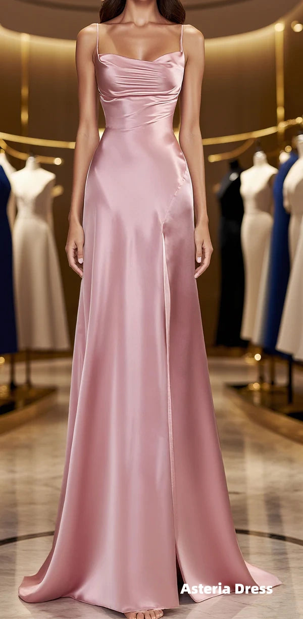 Simple Pink Spaghetti Straps Long Formal Prom Dress with Split