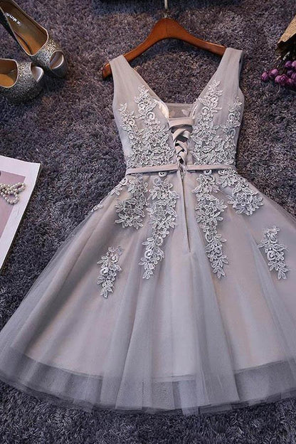 Sleeveless Lace-up Tulle Short homecoming Dress Lace Appliques, AST1190