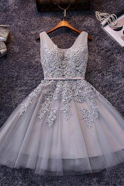 Sleeveless Lace-up Tulle Short homecoming Dress Lace Appliques, AST1190