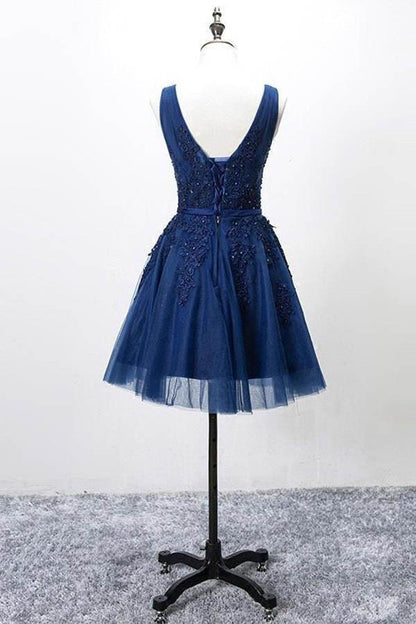 Sleeveless Lace-up Tulle Short homecoming Dress Lace Appliques, AST1190