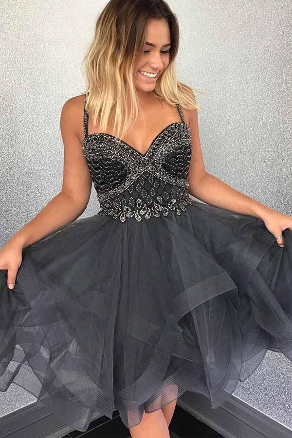 Sparkly Beads Short Grey Tulle Homecoming Dress With Beading, AST1198