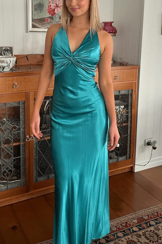 Halter V-Neck Pleated Satin Sleeveless Long Prom Party Dress, AST2088
