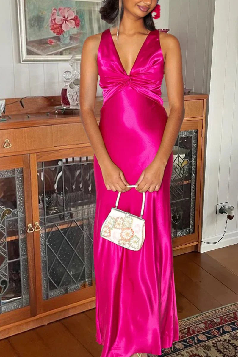 Halter V-Neck Pleated Satin Sleeveless Long Prom Party Dress, AST2088