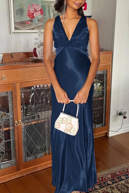 Halter V-Neck Pleated Satin Sleeveless Long Prom Party Dress, AST2088