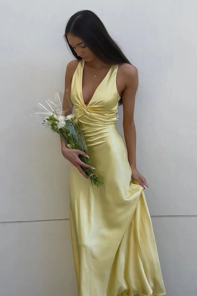 Halter V-Neck Pleated Satin Sleeveless Long Prom Party Dress, AST2088