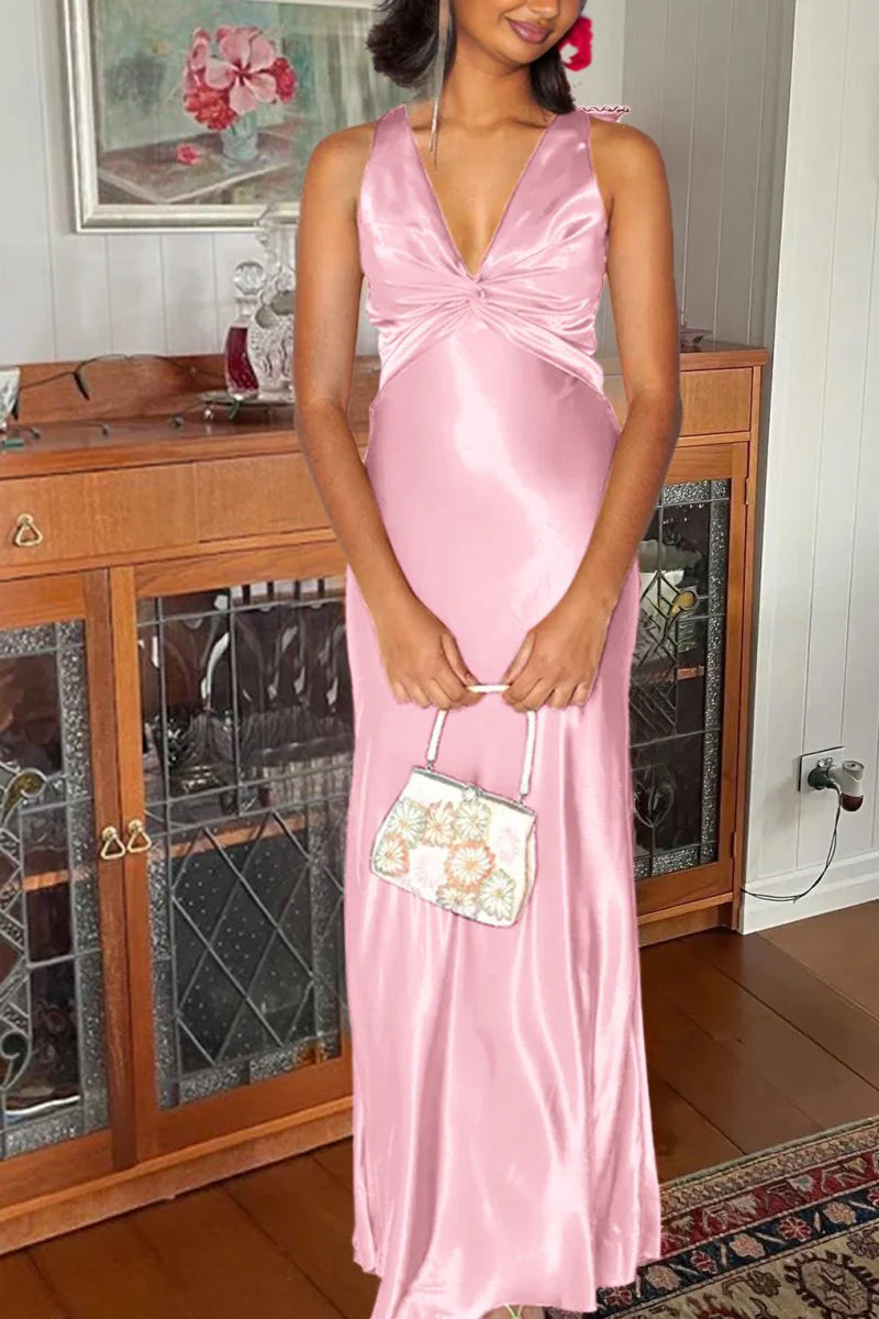 Halter V-Neck Pleated Satin Sleeveless Long Prom Party Dress, AST2088