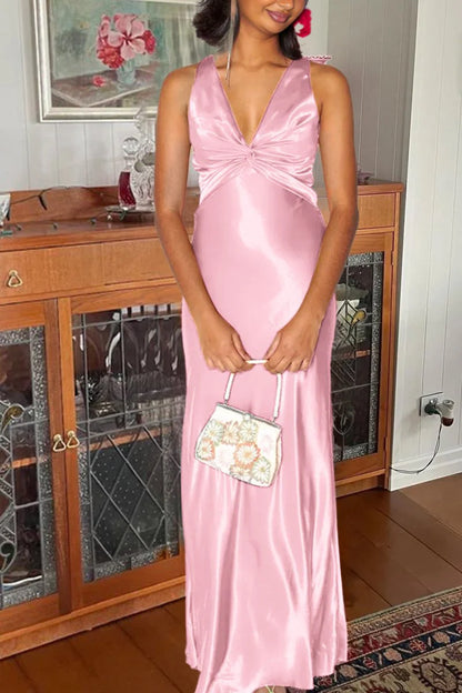 Halter V-Neck Pleated Satin Sleeveless Long Prom Party Dress, AST2088