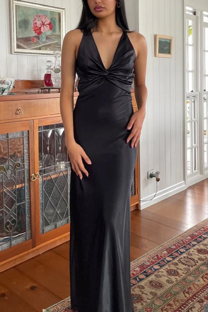 Halter V-Neck Pleated Satin Sleeveless Long Prom Party Dress, AST2088