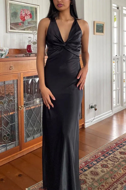 Halter V-Neck Pleated Satin Sleeveless Long Prom Party Dress, AST2088