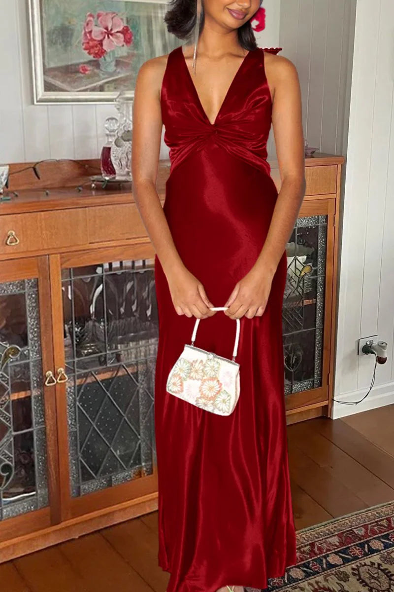 Halter V-Neck Pleated Satin Sleeveless Long Prom Party Dress, AST2088