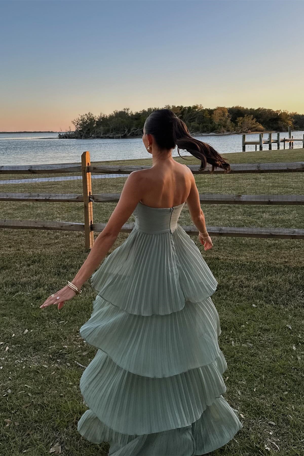 Strapless Pink Chiffon Pleated Tiered Maxi Dress