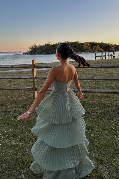 Strapless Pink Chiffon Pleated Tiered Maxi Dress