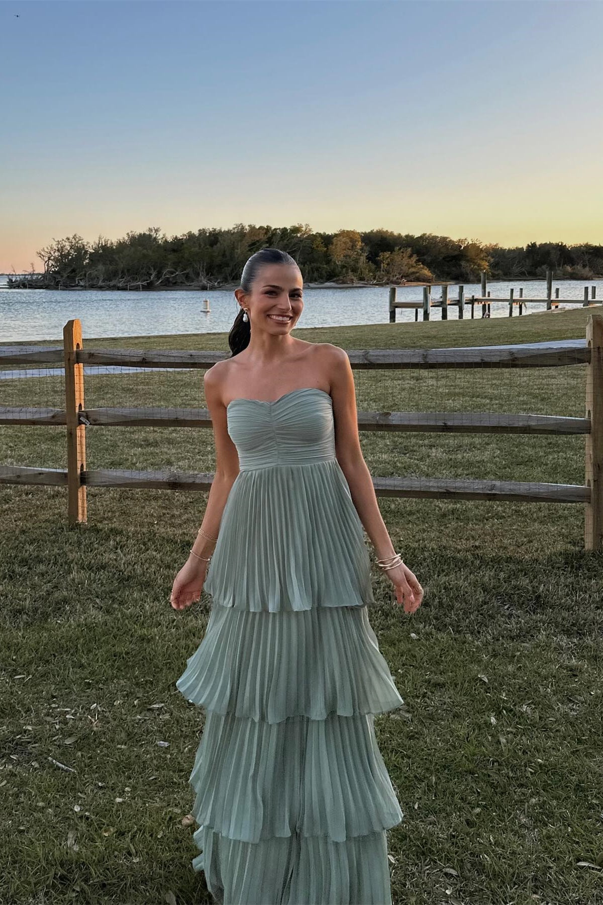 Strapless Pink Chiffon Pleated Tiered Maxi Dress