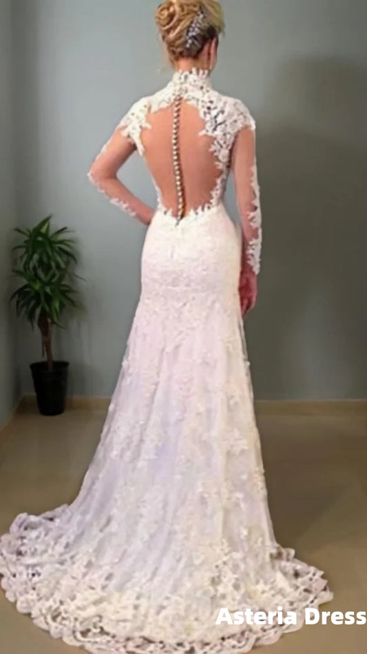 Trumpet/Mermaid V-neck Sweep Train Lace Wedding Dresses With Appliques Lace