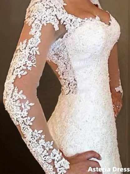 Trumpet/Mermaid V-neck Sweep Train Lace Wedding Dresses With Appliques Lace