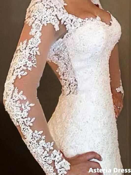 Trumpet/Mermaid V-neck Sweep Train Lace Wedding Dresses With Appliques Lace