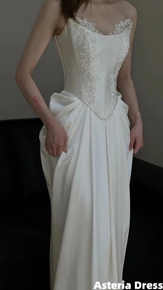 Unique Mermaid Strapless Pleats Long White Satin Lace Wedding Dresses Brides Dress