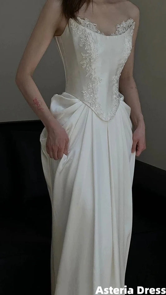 Unique Mermaid Strapless Pleats Long White Satin Lace Wedding Dresses Brides Dress