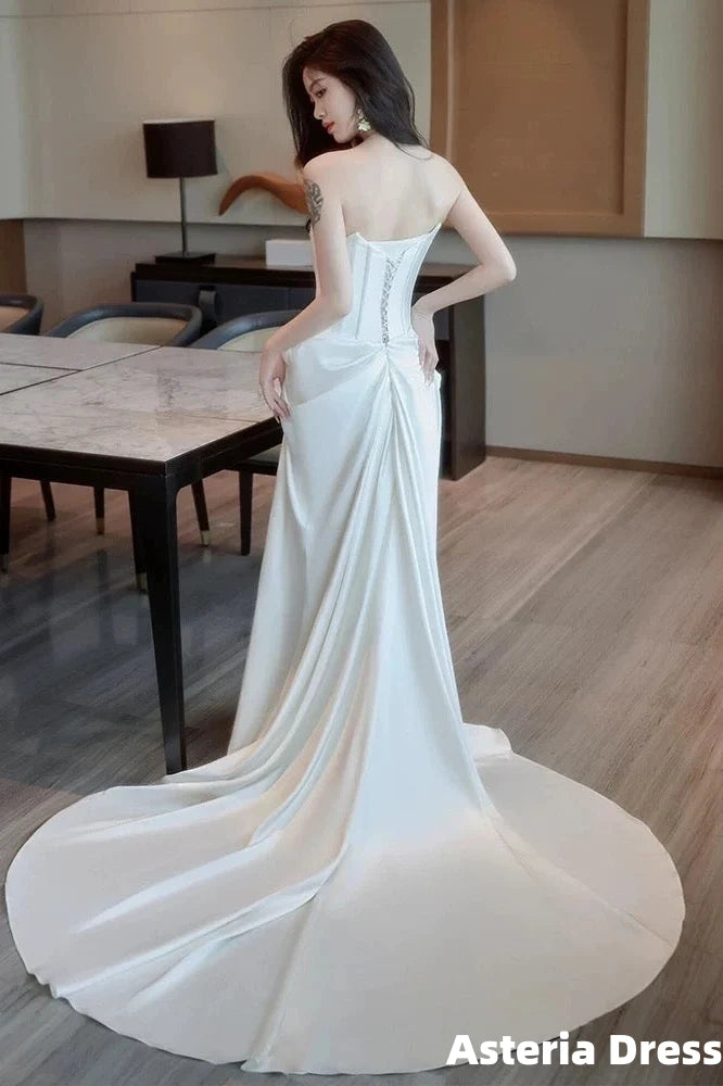 Unique Mermaid Strapless Pleats Long White Satin Lace Wedding Dresses Brides Dress