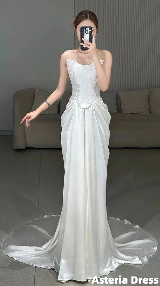Unique Mermaid Strapless Pleats Long White Satin Lace Wedding Dresses Brides Dress