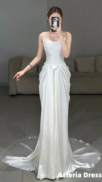 Unique Mermaid Strapless Pleats Long White Satin Lace Wedding Dresses Brides Dress