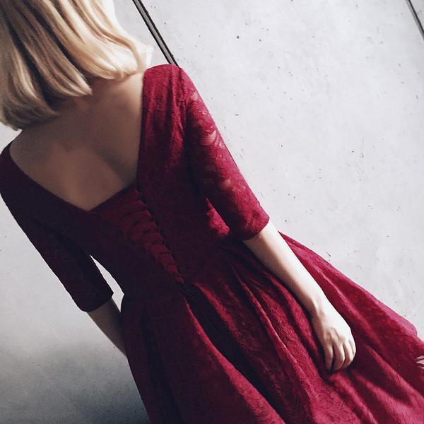 V Neck Half Sleeves Burgundy Lace Homecoming Dress Short Prom Dress, AST1158