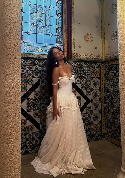 Vintage Ball Gown Off The Shoulder Satin Lace Prom Dress Wedding Dress