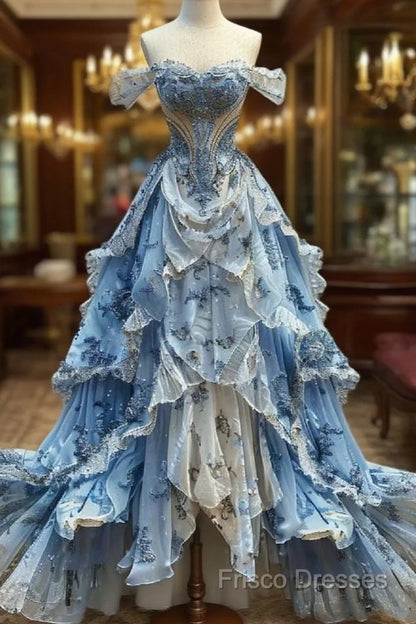 Vintage Ball Gown Strapless Off The Shoulder Blue Lace Formal Prom Dress Party Dress