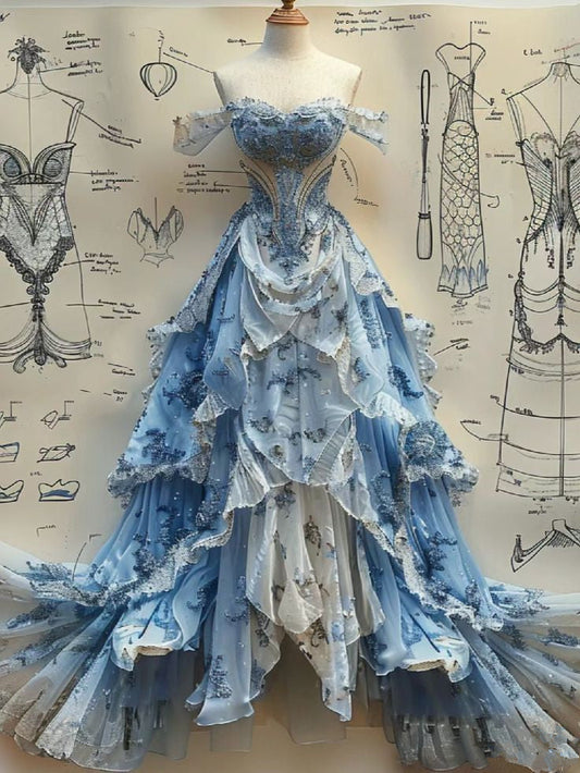Vintage Ball Gown Strapless Off The Shoulder Blue Lace Prom Dresses Party Dress