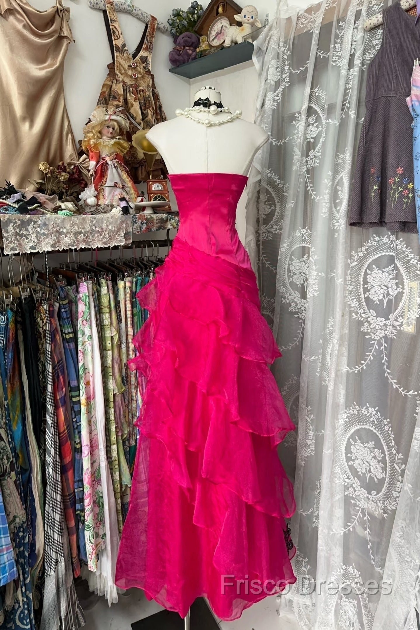 Vintage Fashion Mermaid Strapless Hot Pink Floor Length Formal Dress Formal Prom Dress