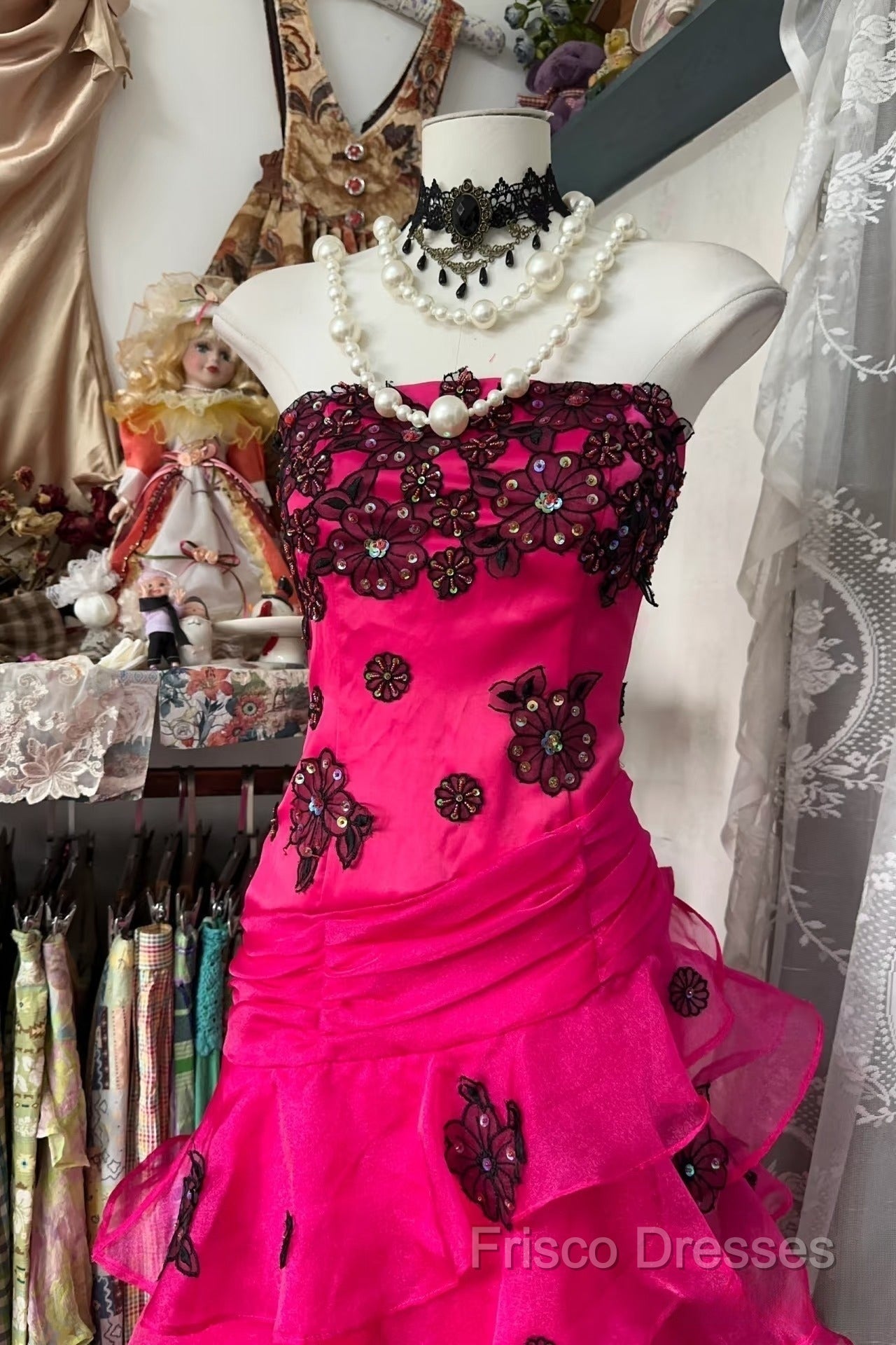 Vintage Fashion Mermaid Strapless Hot Pink Floor Length Formal Dress Formal Prom Dress