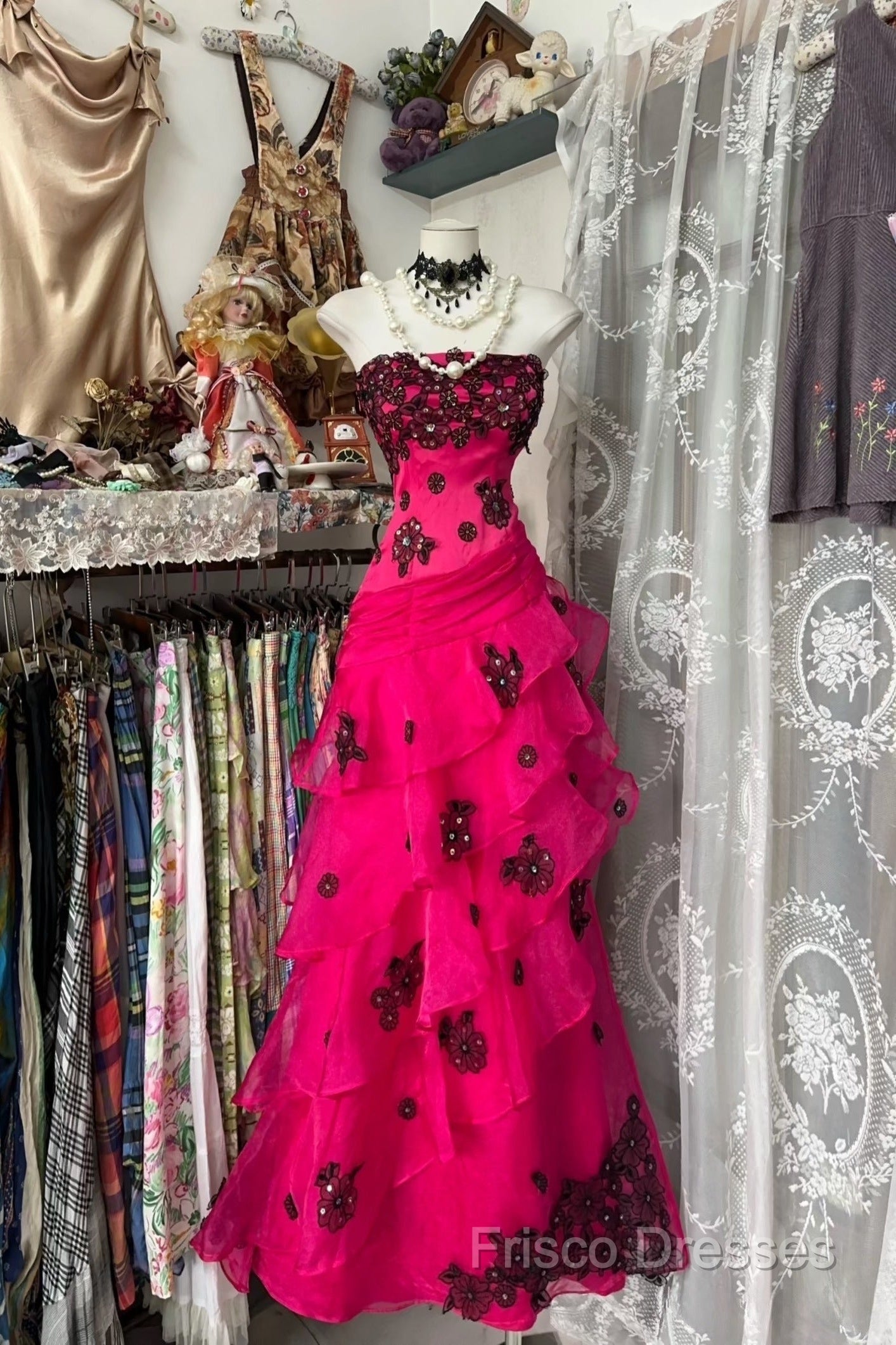 Vintage Fashion Mermaid Strapless Hot Pink Floor Length Formal Dress Formal Prom Dress