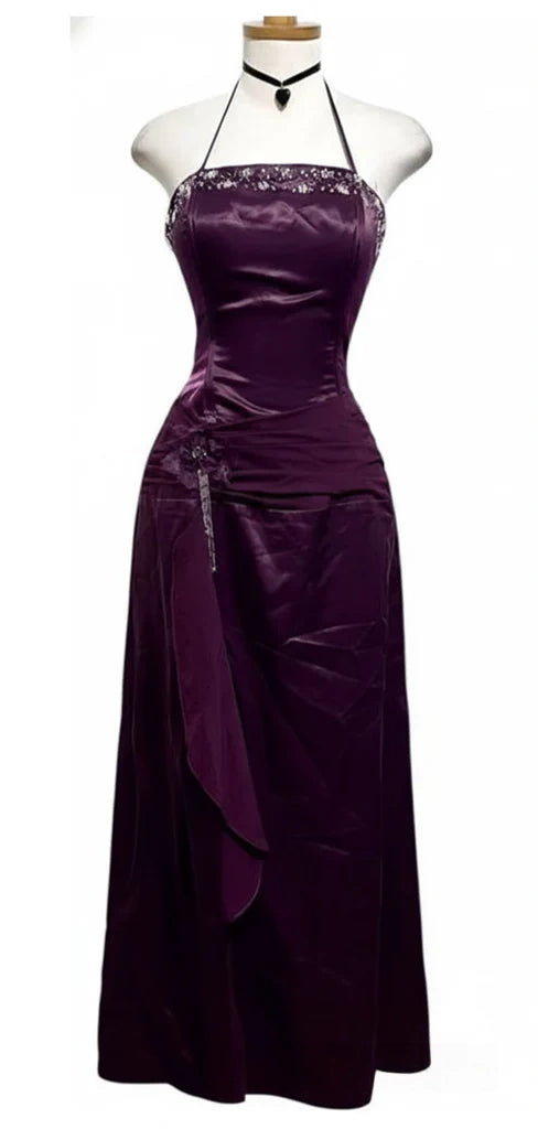 Vintage Purple Beaded Halter A-line Prom Dress, Evening Dress