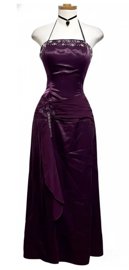 Vintage Purple Beaded Halter A-line Prom Dress, Evening Dress