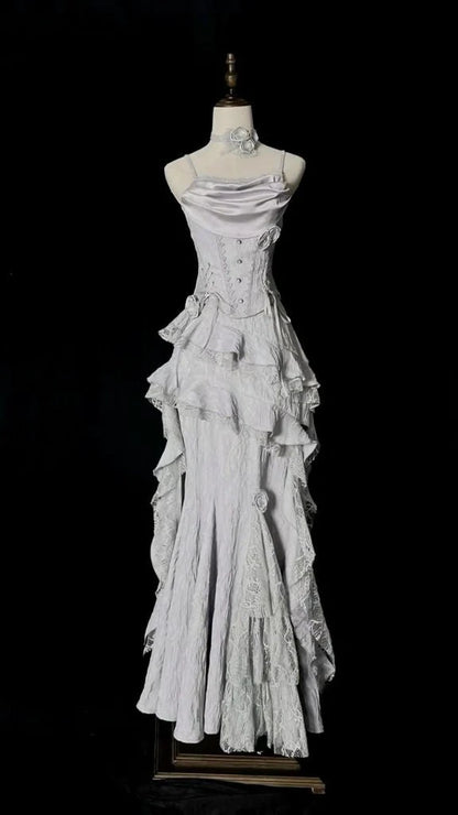 Silver Grey Retro Fashion Elegant Long/Short Lace Homecoming Dress Prom Dress Evening Gown,AST2286