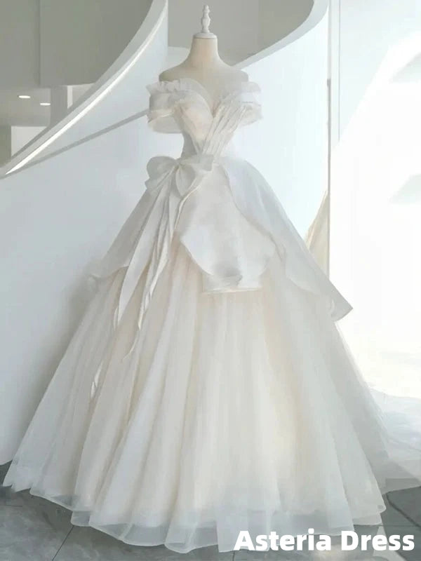 White Tulle Off the Shoulder Beading Wedding Dress