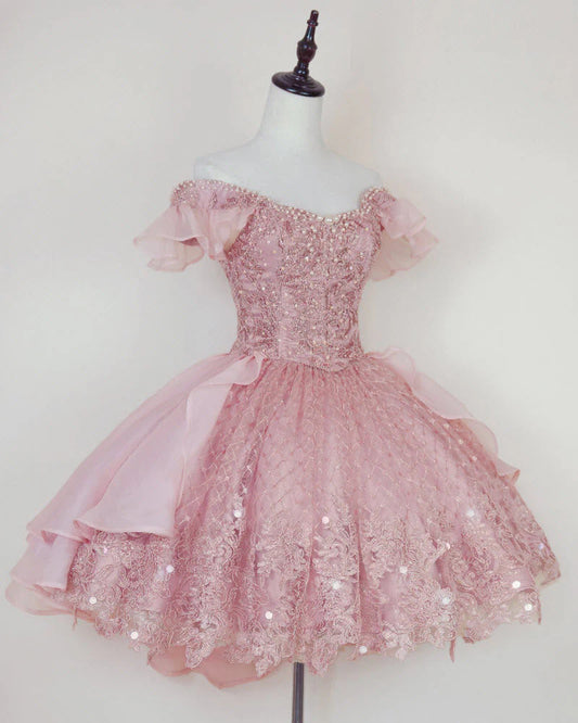 Pink Lace Homecoming Gown with Beading,Princess Off the Shoulder Hoco Dress,AST1203