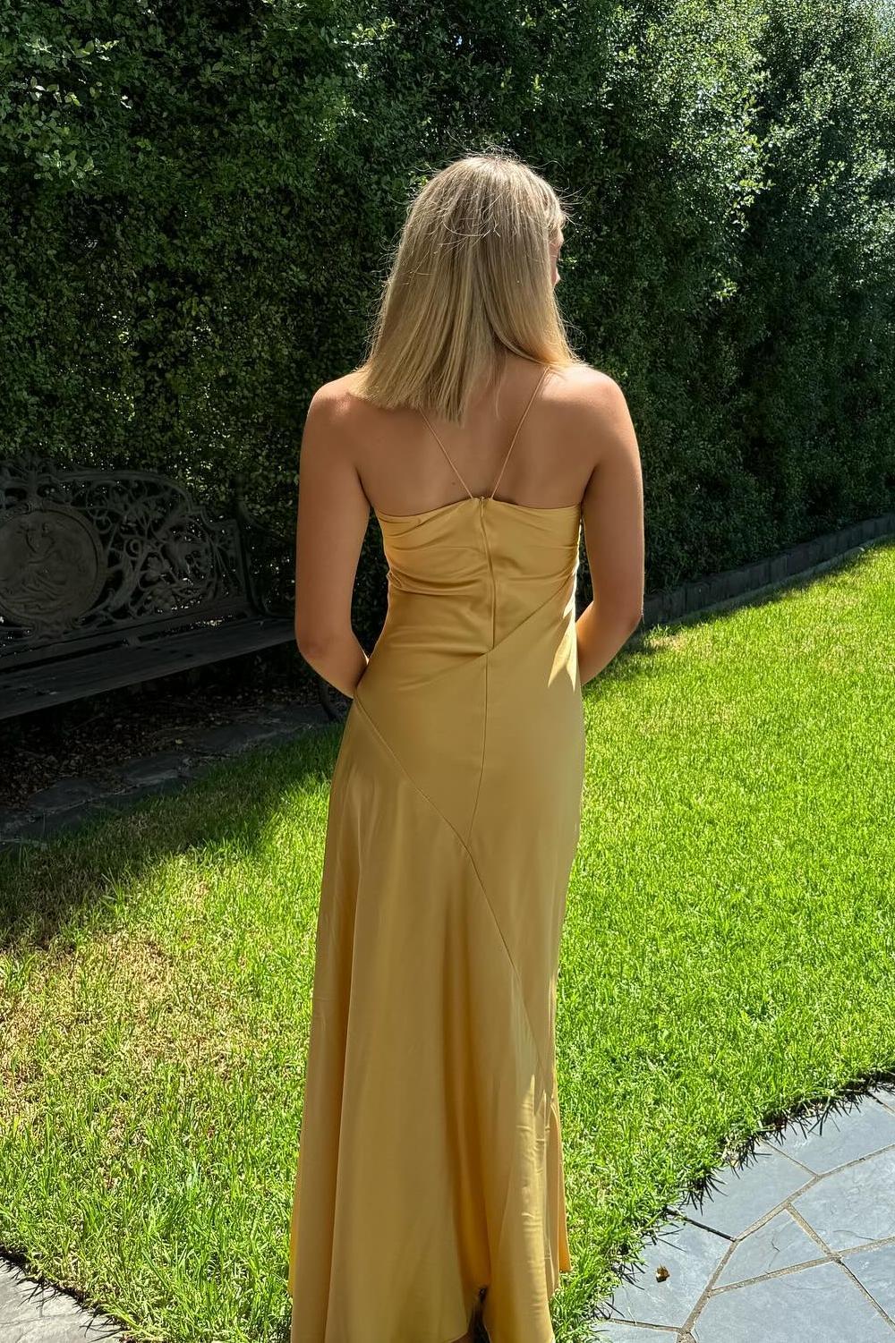 Straps Yellow Silk Long Dress with Slit