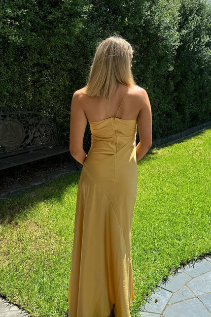 Straps Yellow Silk Long Dress with Slit